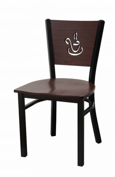 Metal Cafe Chair with Mahogany Coffee Cup Cutout on Back SC436M