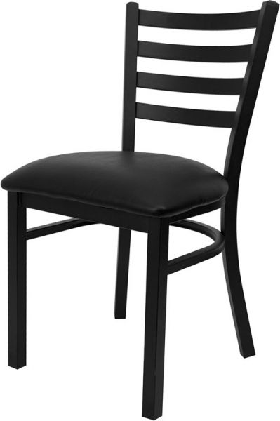 Heavy Duty Ladder Back Metal Restaurant Chair, Black Frame with Black Cushion Seat
