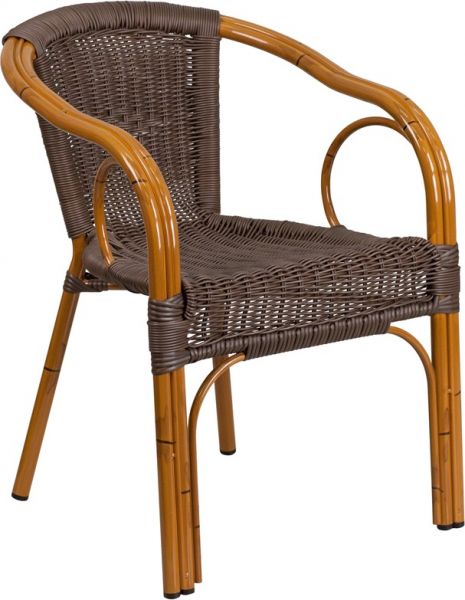 Cadiz Series Dark Brown Rattan Restaurant Patio Chair with Red Bamboo-Aluminum Frame SDA-AD632009D-2-GG