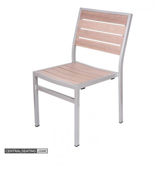 Stackable Outdoor Aluminum Dining Chair, Silver Frame with Grey Brown Slats AC543AG