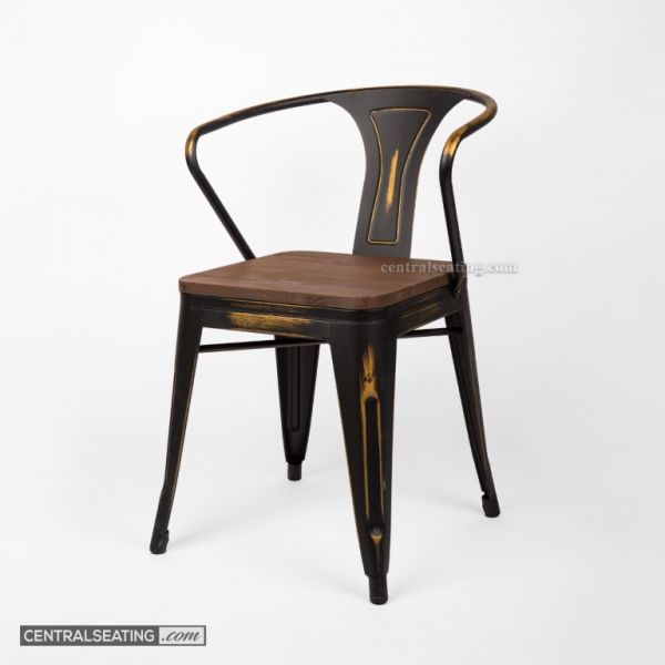 intage Tolix-style chair with arms in black and gold finish, featuring a sturdy metal frame and a comfortable walnut-colored wood seat. Perfect for residential or commercial use, this stylish chair adds a touch of elegance and warmth to any space