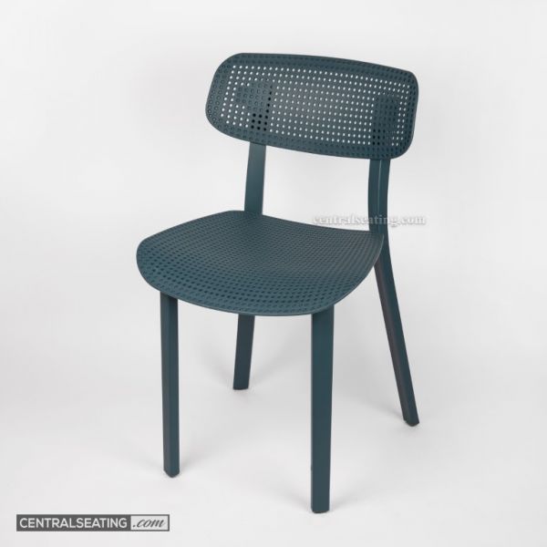 Blue plastic polypropylene commercial outdoor chair for restaurants - weather-resistant, durable, comfortable, and stylish seating option for outdoor dining areas. Lightweight and easy to clean, perfect for busy restaurants looking for low-maintenance out