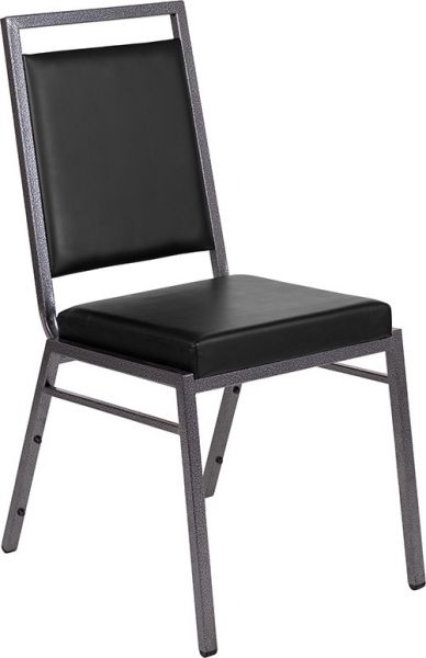 HERCULES Series Square Back Stacking Banquet Chair in Black Vinyl with Silvervein Frame
