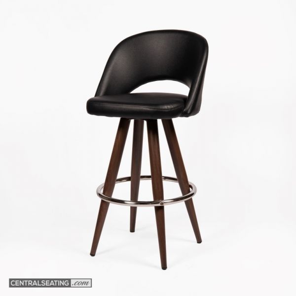Modernist Walnut Barstool with Black Faux Leather Seat - Mid-Century Inspired