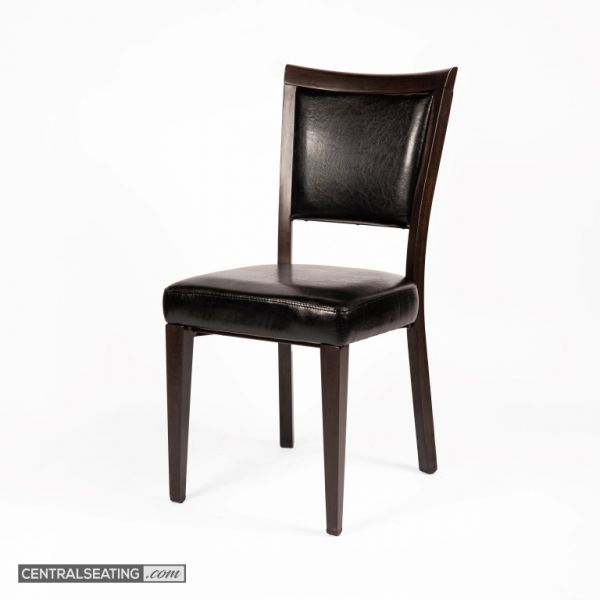 Modern Mid-Century Black Faux Leather Dining Chair with Walnut Wood Grain Metal Frame 

