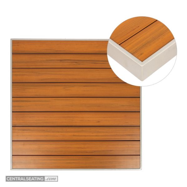 Teak with Silver Edge Patio Table Top & Base SEt, Synthetic Teak Slatted Top with Aluminum Edge - TPT66TS