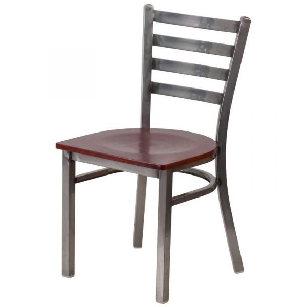 Heavy Duty Ladder Back Clear Coated Metal Chair with Mahogany Wood Seat SC444M