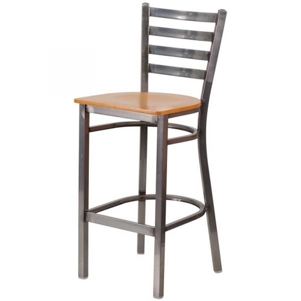 Heavy Duty Ladder Back Metal Barstool, Clear Coat Silver Frame With Natural Wood Seat SB444N