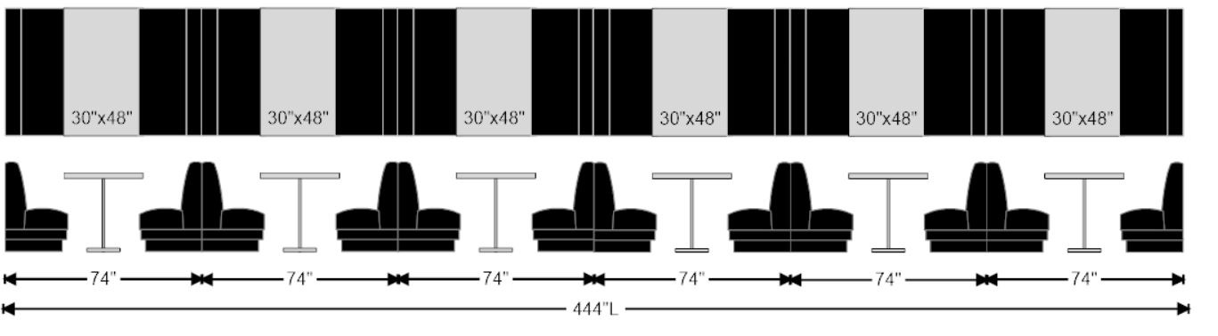 line of restaurant booth seating area, row of 2 singles and 5 doubles